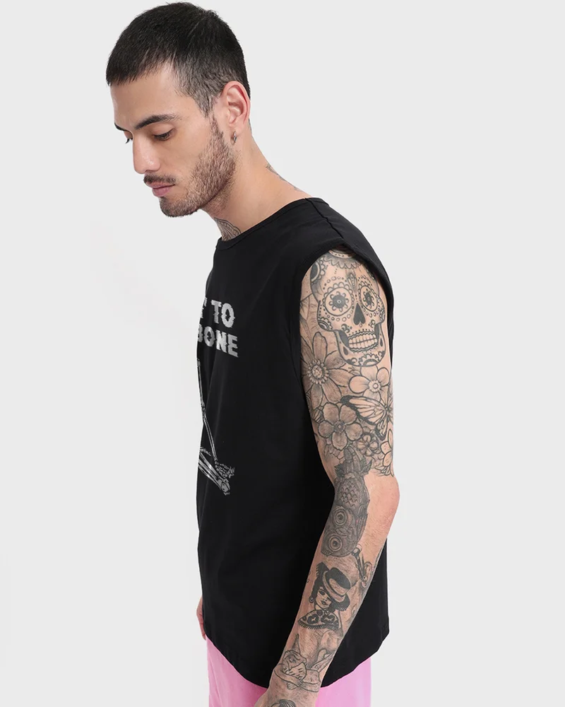 bewakoof Men's Jet Black Chillin Graphic Printed Oversized Vest